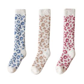 3 Pairs Leopard Print Coral Fleece Socks Women's Calf Socks Furry Winter Sleep Stockings,Blue Beige,Red
