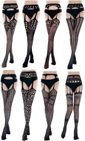 8 Pairs Black Tights Fishnet Stockings for Women Suspender Pantyhose Thigh-High Stockings Set