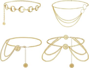4Pcs Waist Chain for Women Multilayer Belly Metal Chains Moon Sun Coin Pendant for Beach Bikini Jeans Dress Sexy Body Chain Belts Adjustable