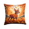 Red Miniature Pinscher Fall Throw Pillow Machine Washable, Indoor Outdoor Decorative Pillow for Couch, Bed or Patio, 14Hx14W