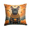 Black French Bulldog Fall Throw Pillow Machine Washable, Indoor Outdoor Decorative Pillow for Couch, Bed or Patio, 14Hx14W