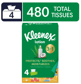 Kleenex Lotion Facial Tissues with Coconut Oil, 4 Flat Boxes, 120 Tissues Per Box, 3-Ply