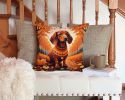Dachshund Fall Throw Pillow Machine Washable, Indoor Outdoor Decorative Pillow for Couch, Bed or Patio, 14Hx14W