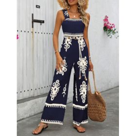 Women's Vacation Casual Sleeveless Printed Wide Leg Jumpsuit (Option: Blue-M)