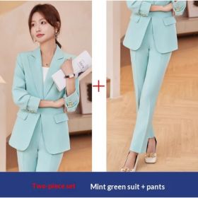 2pcs Casual Suit Lapel Button-down Blazer Jacket And Straight-leg Pants Office Commuting Business Trousers Set Clothing (Option: Light Green 2PCS-XL)
