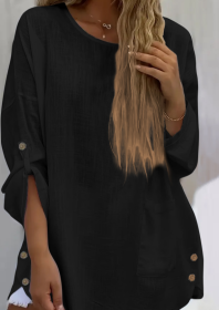 Cross-Border Women'S Fashion Casual Solid Color Comfortable Pocket Pullover Long Top With Slight Transparency. (Option: Black-S)