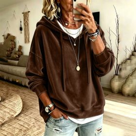 Womens Casual Solid-Color Hooded Long-Sleeve Top With Drawstring (Option: Brown-S)