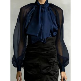 Women's French Retro Style Flowy Collar Slightly Sheer Puff Sleeve Loose Shirt (Option: Dark Blue-XL)