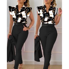 Printed Ruffle Sleeve Top Solid Color Pants Suit With Belt (Option: Chain print in black color-M)