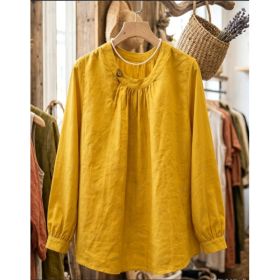 Women's Mustard Yellow Linen-Blend Blouse, Round Neck Long Sleeve Loose Casual Top With Button Detail (Option: Yellow-2XL)