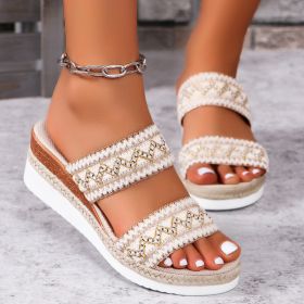 Fashion Wavy Pattern Woven Sandals Summer Casual Ethnic Style Slippers Linen Bottom Wide Strap Wedges Shoes For Women (Option: Beige-Size39)