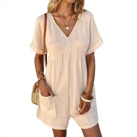 Womens Summer Romper Casual Short Sleeve V Neck Short Jumpsuits With Pockets (Option: Apricot-M)