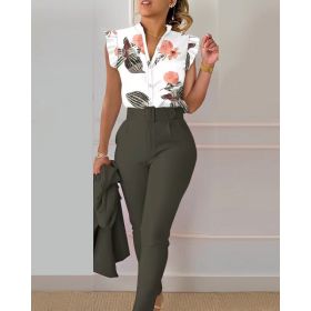 Printed Ruffle Sleeve Top Solid Color Pants Suit With Belt (Option: Military Green-XXL)