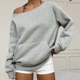 Fashionable Pullover Crew-Neck Off-Shoulder Sweatshirt For Women (Option: Light Grey-M)