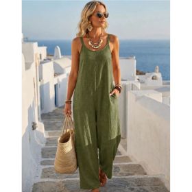 Summer Womens Casual Solid Color Khaki Wide-Leg Jumpsuit (Option: L-Army Green)