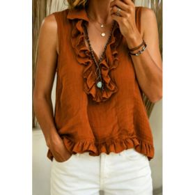 Fashionable V-neck Ruffled Sleeveless Tank Top (Option: Light Brown-3XL)