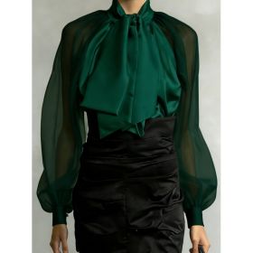 Women's French Retro Style Flowy Collar Slightly Sheer Puff Sleeve Loose Shirt (Option: Dark green-M)