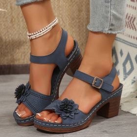 Women's Flowers Chunky Heel Sandals Summer Plus Size Platform Shoes (Option: Dark Blue-36)
