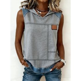 Casual Hooded Sleeveless Patchwork Denim-trimmed Loose-fitting Vest Sweatshirt For Women (Option: Gray-L)