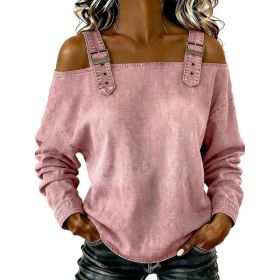 Women's Off-shoulder Strap Long-sleeve Top (Option: Pink-L)