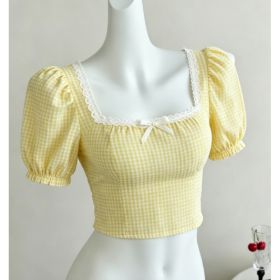 French Sweet Yellow & White Gingham Square Neck Lace Trim Bow Puff Sleeve Crop Top (Option: Yellow-M)