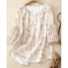 V-Neck Lantern Sleeve Blouse (Option: OffWhite-L)