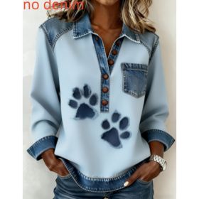 Denim Patchwork Collar Button-down Casual Long-sleeved Top (Option: Blue-XL)