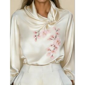 Women's French-style Elegant Satin Printed Turtleneck Long-sleeved Loose-fitting Shirt (Option: White-M)