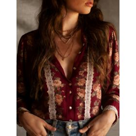 French Retro Style Lace Floral Print Shirt For Women (Option: Claret-XXL)