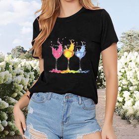 Women's T Shirt Wine Glass Print Crew Neck Tees Casual Short Sleeve Fashion T-Shirt Tops (Option: S)