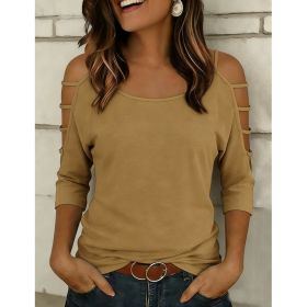 Womens Round Neck Three-Quarter Sleeve, Off-Shoulder Loose Top (Option: KhakiA-S)