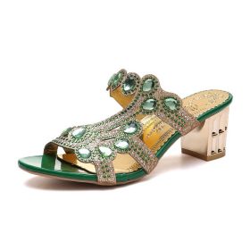 Women's Fashion Outerwear Chunky Heel High Heel Flip-flops Plus Size Sandals (Option: Green-35)