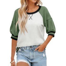 Fisoew Womens Crewneck Sweatshirt Ribbed Raglan Half Sleeve Pullover Tops Color Block Loose Fit Sweatshirts (Option: Green-M)