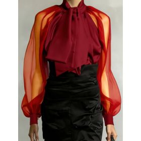 Women's French Retro Style Flowy Collar Slightly Sheer Puff Sleeve Loose Shirt (Option: Claret-L)