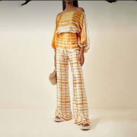 Summer Women's Clothing Printed Round Neck Loose Batwing Sleeve Waist Wide Leg Pants Fashion Casual Set (Option: Yellow Plaid-S)
