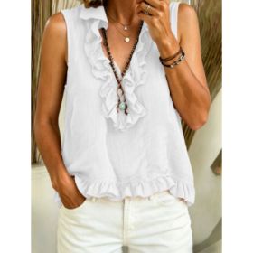 Fashionable V-neck Ruffled Sleeveless Tank Top (Option: White1-L)