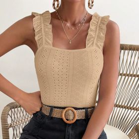 Womens Sleeveless Tank Tops Ruffle Strap Square Neck Eyelet Blouse Slim Fit (Option: Khaki-XS)