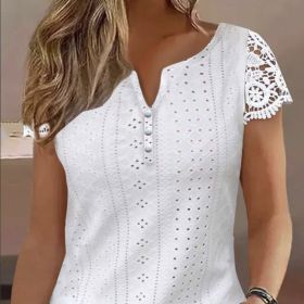 Ladies' Lace Patchwork Sleeves With Hollow Buttons, Casual V-neck Versatile Solid Color Shirt Top (Option: White-S)