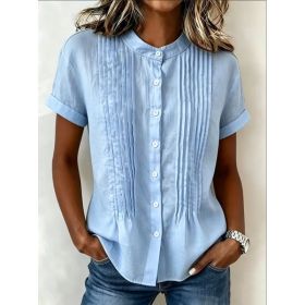 Fashionable Buttoned Stand-collar Solid-color Short-sleeve Shirt (Option: Sky Blue-S)
