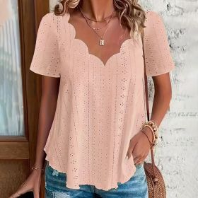 Womens Summer Scallop Trim V Neck Eyelet T-Shirt Short Sleeve Top Dressy Casual Tunic Blouses (Option: Pink-2XL)