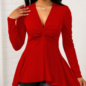Women's Solid Color V-neck Cinched Waist Slimming Neckline Knot Design Wide And Relaxed Top (Option: Red-M)