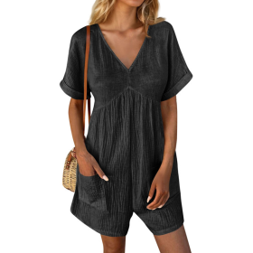 Womens Summer Romper Casual Short Sleeve V Neck Short Jumpsuits With Pockets (Option: Black-L)