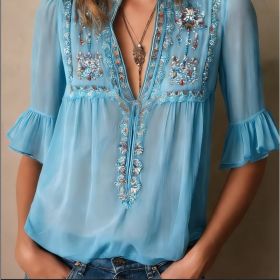 Floral Embroidery Shirts Women's V-neck Mid-sleeve Chiffon Blouse Casual Daily Office Clothing (Option: Blue-M)
