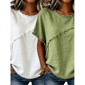 Women's Round-Neck Casual Loose Short-Sleeve Top (Option: White Green-L)