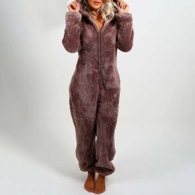 European And American Autumn Winter Women's Wear Fleece-lined Thick Furry Jumpsuit Hooded Cat Ear Pajamas (Option: Brown-XL)