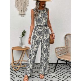 Printed Waist Cinching Casual Straight Leg Pants Set (Option: Black-M)
