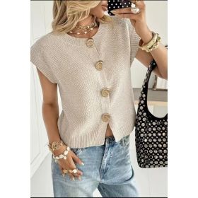 European And American-style Round-neck Short-sleeved Knitted Cardigan (Option: Beige-S)