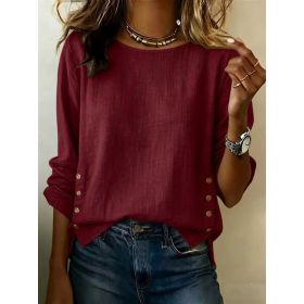 Casual Short Sleeve T-Shirt Solid Color Round Neck Pullover Tops For Women Clothing (Option: Burgundy-L)