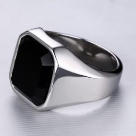 Men's stainless steel black agate ring (Option: Silver-11number)