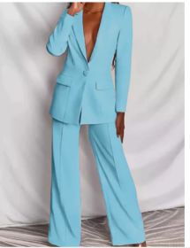 2pcs Casual Suit Lapel Button-down Blazer Jacket And Straight-leg Pants Office Commuting Business Trousers Set Clothing (Option: Light Blue-XL)
